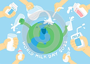 World globe among hand holding milk box, glass, pouring pitcher and baby bottle, World Milk Day 2022 concept cartoon flat design