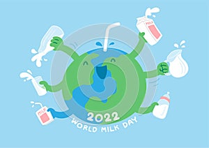 World globe with hand holding milk box, glass, pouring pitcher and baby bottle, World Milk Day 2022 concept cartoon flat design