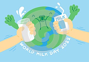 World globe between hand holding milk box and glass, World Milk Day 2022 concept cartoon flat design illustration isolated on blue