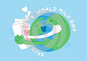 World globe hug milk box, World Milk Day 2022 concept cartoon flat design illustration isolated on blue background with copy space