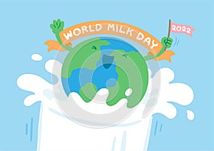 World globe jump into milk glass and flag, World Milk Day 2022 concept cartoon flat design illustration isolated on blue