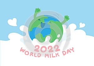 World globe jump into milk splash, World Milk Day 2022 concept cartoon flat design illustration isolated on blue background with