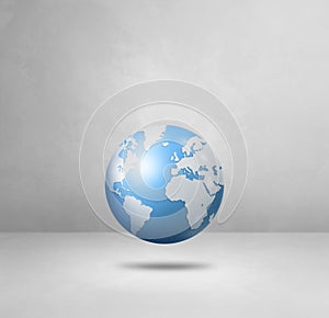 World globe, light blue earth map, isolated on white. Square background