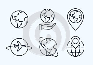 World globe line icon. Vector Earth global country map planet line icon. Travel internet globe set