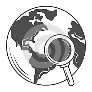 World globe with magnifying glass map search icon