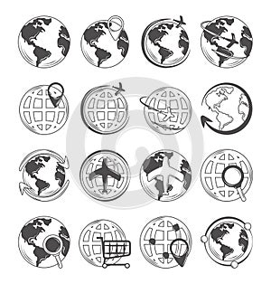 World globe map icons set travel connection shopping and location