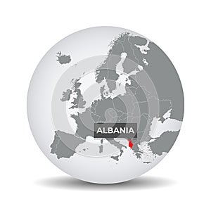 World globe map with the identication of Albania.