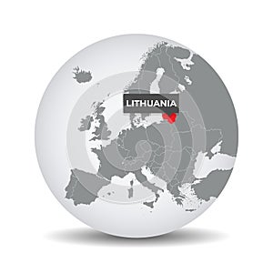 World globe map with the identication of Lithuania.