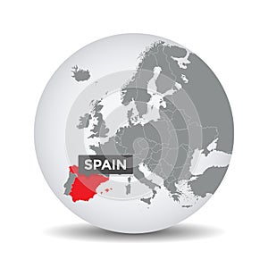 World globe map with the identication of Spain.