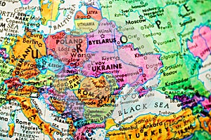 World globe map showing Eastern Europe. Ukraine centre.