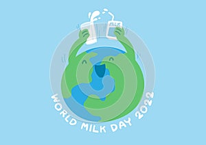 World globe with milk box and glass, World Milk Day 2022 concept cartoon flat design illustration isolated on blue background with