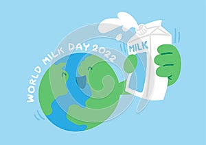 World globe with milk box, World Milk Day 2022 concept cartoon flat design illustration isolated on blue background with copy