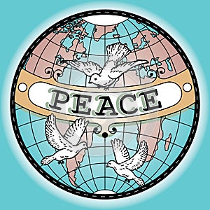 World Globe Peace Banner Map with Doves