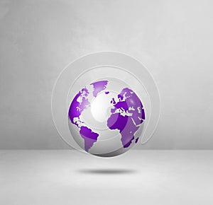 World globe, purple earth map, isolated on white. Square background