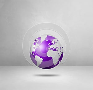 World globe, purple earth map, isolated on white. Square background