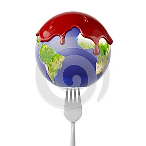 World Globe with Red Fluid on a Fork