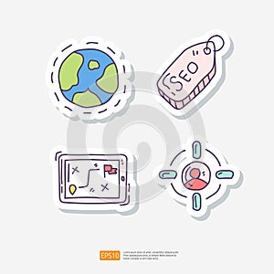 world globe, SEO tag, strategy and planning, target audience. business digital marketing optimization concept. Doodle sticker icon