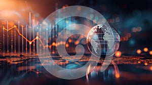 the world globe stands in front of a line graph and chart