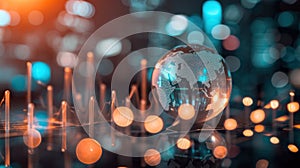 the world globe stands in front of a line graph and chart