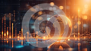 the world globe stands in front of a line graph and chart