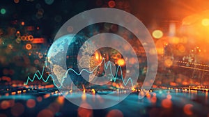 the world globe stands in front of a line graph and chart