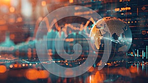 the world globe stands in front of a line graph and chart