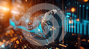 the world globe stands in front of a line graph and chart