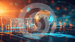 the world globe stands in front of a line graph and chart