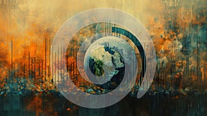 the world globe stands in front of a line graph and chart