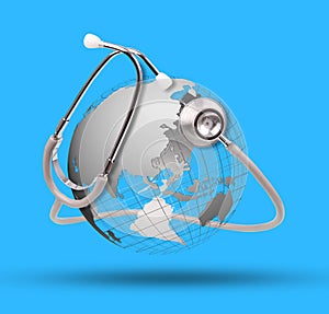 World globe and stethoscope use for healthy care topic