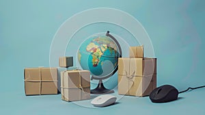 A world globe surrounded by parcel packages and a computer mouse, depicting online shopping and international delivery