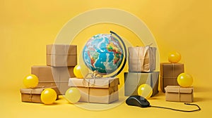 A world globe surrounded by parcel packages and a computer mouse, depicting online shopping and international delivery