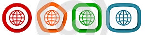 World, globe vector icon set, flat design buttons on white background