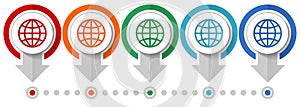 World, globe vector icon set, flat design infographic template, set pointer concept icons in 5 color options for webdesign and