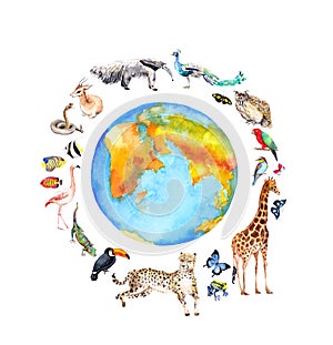 World globe, wild animals, birds - giraffe, cheetah, toucan, flamingo and other . Zoo, wildlife watercolor for