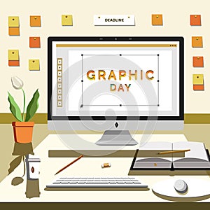 World graphic day, illustrating the atmosphere of a design place with a PC