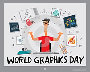 World Graphics Day. Greeting card. Designer guy inspires graphic masterpieces