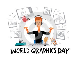 World Graphics Day. Greeting card. Girl designer creates graphic masterpieces at the computer