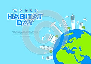 World habitat day with sky scrapper on earth isolated on blue background