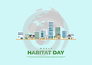 World habitat day with sky scrapper and earth map isolated on blue background