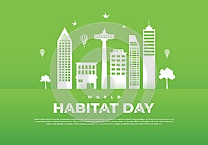 World habitat day with sky scrapper isolated on green background
