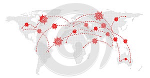 World halftone map with red covid-19 icons and arrows