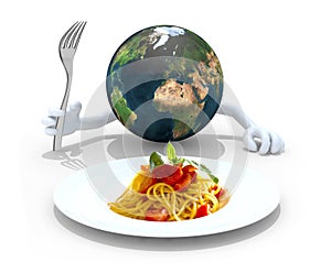 World with hands, fork in front of a spaghetti dish