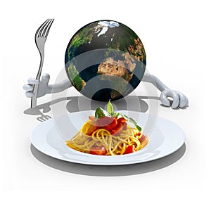 World with hands, fork in front of a spaghetti dish