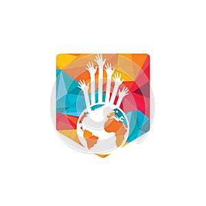 World hands vector logo design template. World support logo concept.