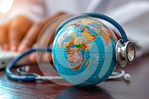 World health connection Doctor uses stethoscope on a globe conceptually