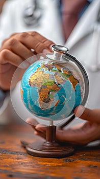 World health connection Doctor uses stethoscope on a globe conceptually