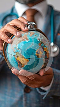 World health connection Doctor uses stethoscope on a globe conceptually