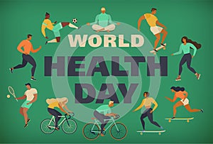 World Health Day 7th april with the image of doctors. Vector illustrations. Active young people. Healthy lifestyle