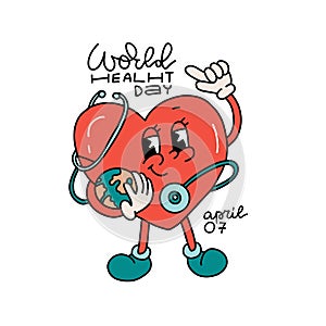 World health day - april 07 and global holiday concept. Isolated groove retro chartoon character of red heart holding